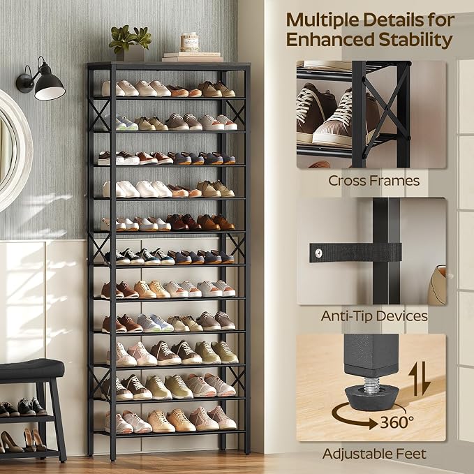 YATINEY 12 Tier Shoe Rack, Large Capacity Shoe Storage Organizer Holds 48 Pairs, Sturdy and Stable, for Entryway, Hallway, Closet, Dorm Room, Charcoal and Black SS12BC