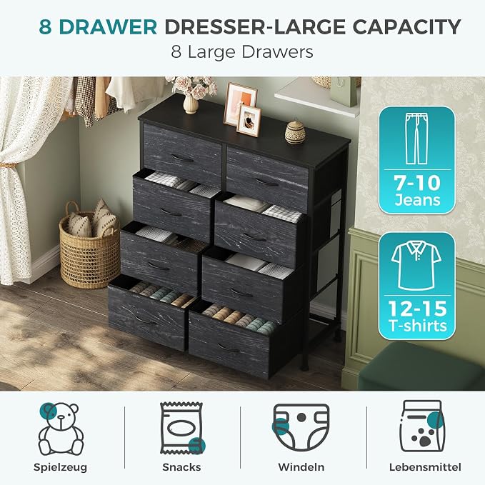OLIXIS 8 Drawer Dresser TV Stand, Entertainment Center, Media Console Table with Metal Frame and Wood Top,Chest of Drawers for Bedroom, Living Room, Black Wood Grain