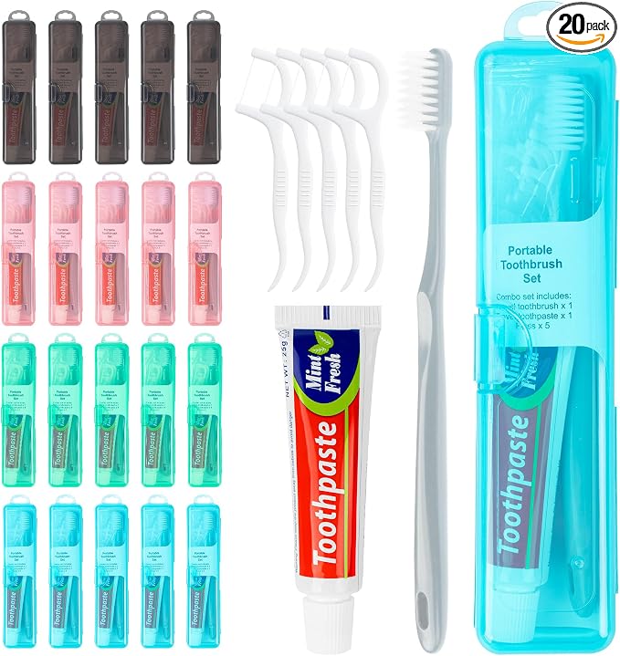 Travel Toothbrush Kit Includes Travel-Sized Toothbrushes, 25g Travel Toothpaste, 5 Floss Picks, a Travel Toothbrush Holder, Ideal for Home, Hotels (Blue, Green, Pink, Black, 20-Pack)