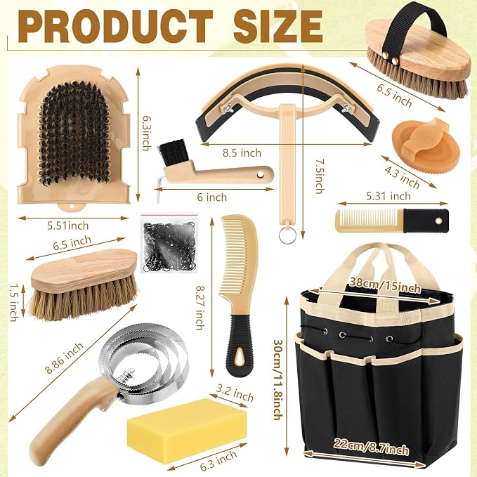 Abbylike 12 Piece Horse Grooming Kit with Organizer Tote Bag Brush Sets for Derby Day Show Horses Professional Tools for Care & Massage(Khaki and Black)
