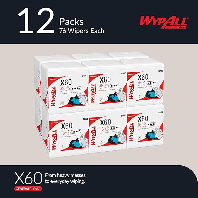 WypAll GeneralClean X60 Cloths Multi-Task Cleaning Wipes (34865), Quarterfold, Strong and Absorbent Towels, White (12 Packs of 76 Sheets, 912 Sheet Total)