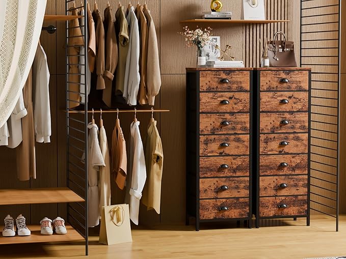 Furnulem Dresser for Bedroom, 7 Drawers Tall Chest of Drawers | Rustic Brown Storage Organizer, Fabric Bins, Metal Frame, Wood Desktop, Dorm Vertical Closet,Bedside Furniture in Living Room