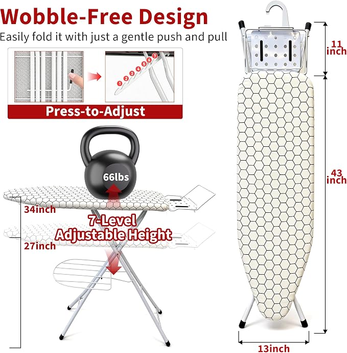 Ironing Board, 43"×13" with Iron Rest, Clothes Shelf & 7 Adjustable Height | Iron Board with Bulit-in Hook and Hanger Bar, 4 Layer Heat Resistant Cover and Pad for Home Apartment Laundry, Hexagon White