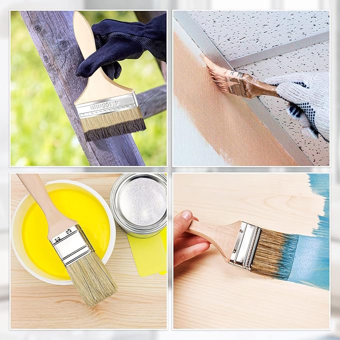 Remerry 96 Pcs 4 Inch Paint Brushes Bulk, Natural Bristle Chip Brushes with Wooden Handle, Flat Art Applicators for Wall, Furniture, Kids, Fences Details