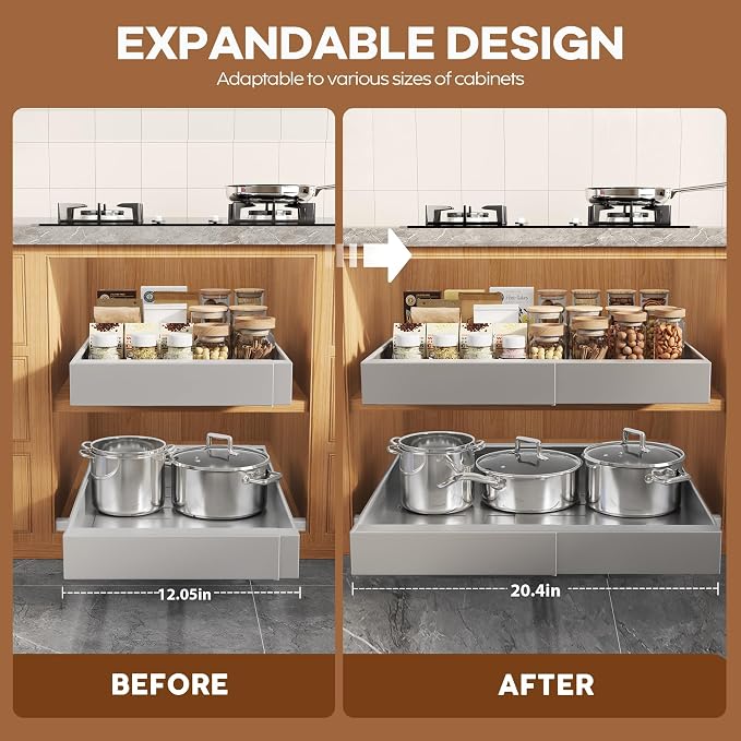 Seinloes 4Pack Expandable Pull Out Cabinet Organizer 21" Deep with Raising Pad for Framed Cabinets,Slide Out Drawers with 4pcs Divider Racks,Roll Out Shelves,Adjustable Width 12.05"-20.4" Silver