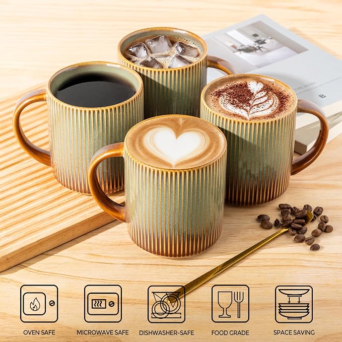 theterra Ceramic Coffee Mugs Set of 6, 14.2oz Handmade Coffee Cups with Handle for Latte, Tea, Milk, Beer, Hot Cocoa, Sage Umber