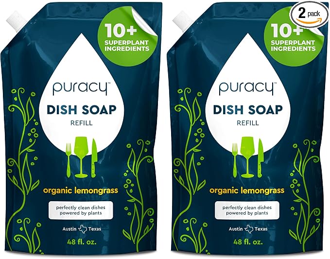 Puracy Natural Dish Soap Refill - Skin-Softening Plant-Based Liquid Dishwashing Detergent Soap, Clean-Rinsing Water-Sheeting Formula (Organic Lemongrass, 48 fl oz) (Pack of 2)