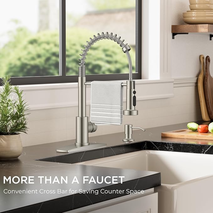 FORIOUS Kitchen Faucet with Soap Dispenser, Stainless Steel, Brushed Nickel | Single Handle Stainless Steel Kitchen Faucet with 3 Modes Sprayer, Commercial Spring Faucet for Kitchen Sink, Laundry Rv Bar