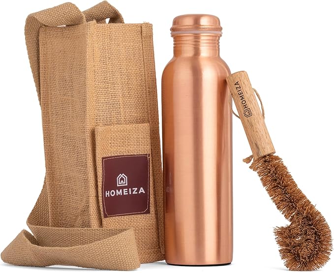 Pure Copper Water Bottle for Drinking Water, 34 Oz Plain Finish with Leak-Proof Cap, Stay Hydrated and Enjoy Natural Benefits. Handcrafted Reusable Water Bottle with Bag & Cleaning Brush