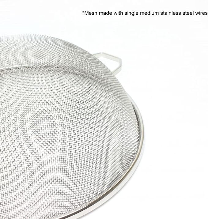 TrueCraftware- 10-Inch Single Medium Mesh Strainer Stainless Steel 10-3/4" Handle Length Wooden Handle- Kitchen Utensil Food Strainer Skimmer Spoon for Cooking Sieve Sifters Pasta Fruits Vegetable