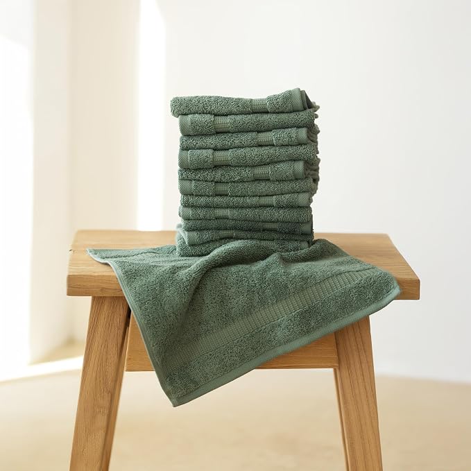 SALBAKOS 12-Piece 100% Turkish Cotton Washcloths and Face Towels, Green | 13x13 in Standard Size Small Towel, Multi-use Bathroom & Kitchen, Thick Super Soft Absorbent Durable, Oeko-Tex Made in Turkey