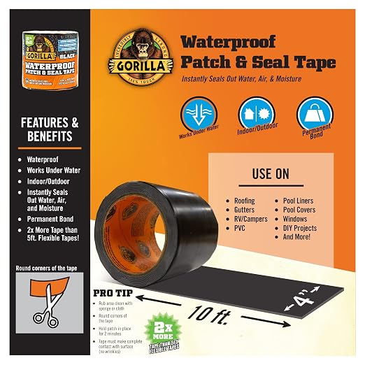 Gorilla Waterproof Patch & Seal Tape,Black Tape,4" x 10' - Permanent Weather Resistant Seal for Leaks and Repairs,(Pack of 16)