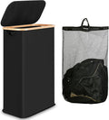 iEGrow 60L Slim Laundry Hamper, Narrow Laundry Basket with Lid,Foldable Clothes Hamper with Bamboo Handles,Hamper Basket with Removable Inner Bag for Laundry Room Bedroom College Dorm,Black
