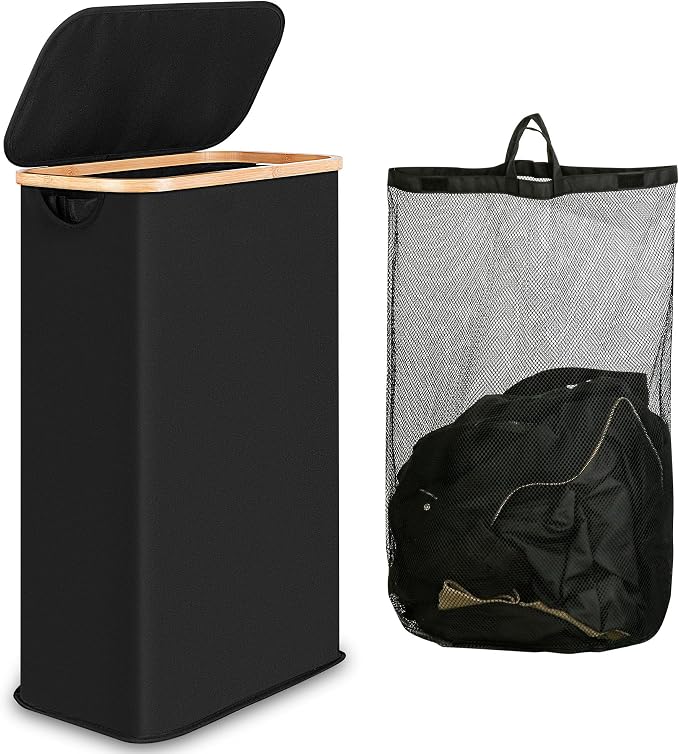iEGrow 60L Slim Laundry Hamper, Narrow Laundry Basket with Lid,Foldable Clothes Hamper with Bamboo Handles,Hamper Basket with Removable Inner Bag for Laundry Room Bedroom College Dorm,Black