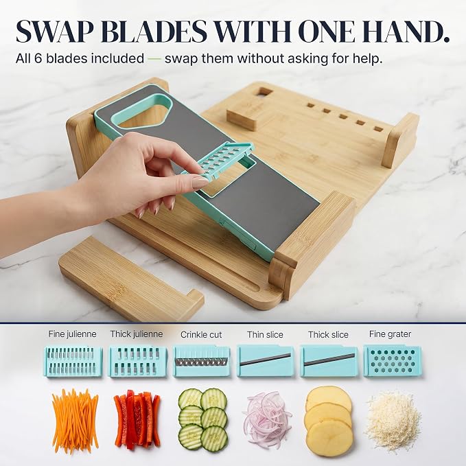 Adaptive One-Handed Cutting Board with Stainless Spikes, Safety Peeler, Bread Stops, Movable Block & 6 Mandoline Blades — Bamboo Kitchen Tool to Cook with One Hand
