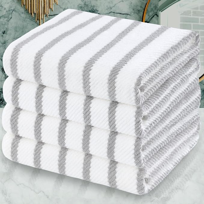 VOOVA & MOVAS Bath Towels 4PC, 100% Cotton, 30x56 in, Gray White Stripe | Hotel Quality, Thick, Soft, Absorb, Quick Dry Towel For Shower, Ideal For Home, Hotel, Guest Room