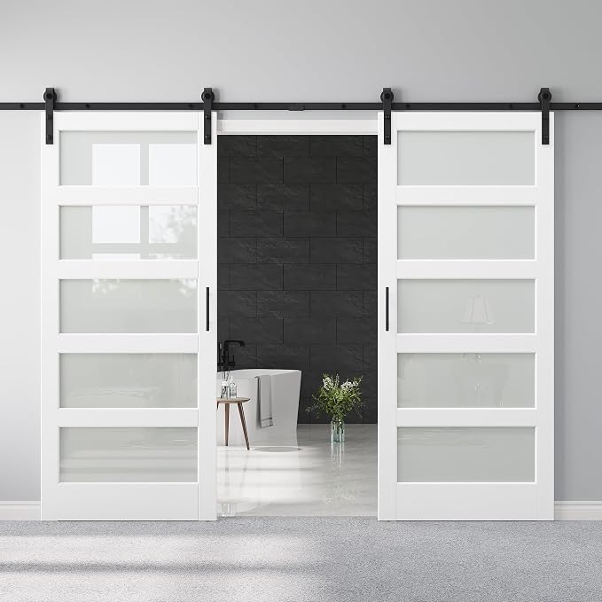 72" x 84" Double Barn Doors and Hardware Kit & 13.2FT Track, Handle, Floor Guide, Paintable & Pre-Drilled Glass Barn Door, Water Resistant Sliding Door for Bathroom Closet, Easy Assembly, Silent Slide
