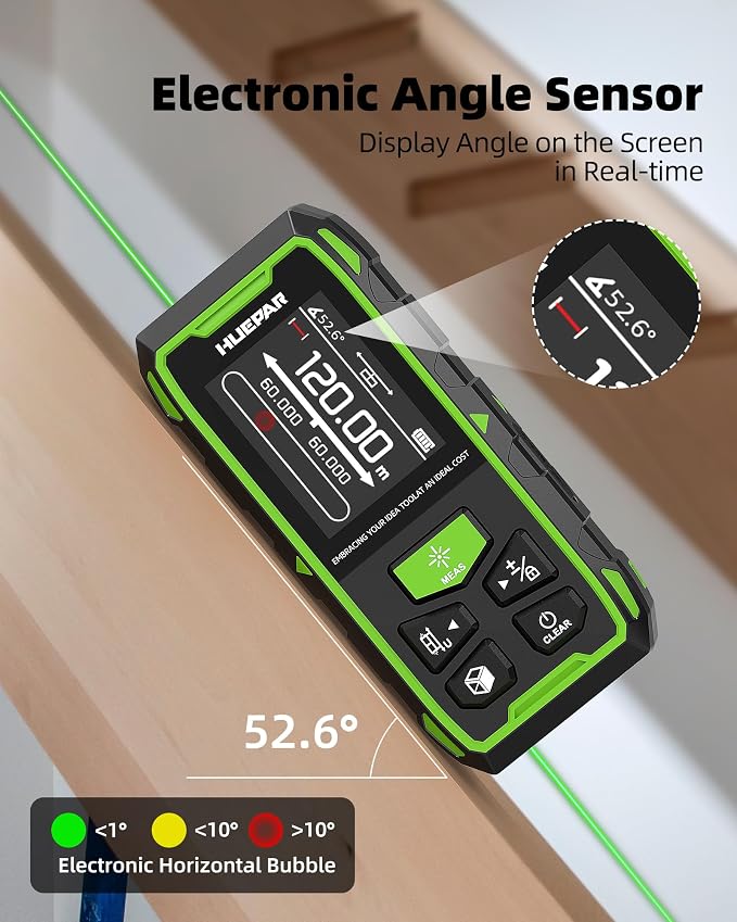Huepar Dual Laser Measuring Tool, Fathers Day Dad Gifts, 393Ft Green-Beam Bilateral Digital Laser Distance Measure 6-Unit Ft/In/M, Rechargeable Laser Measurement Tool-Backlit LCD Display, Angle Sensor