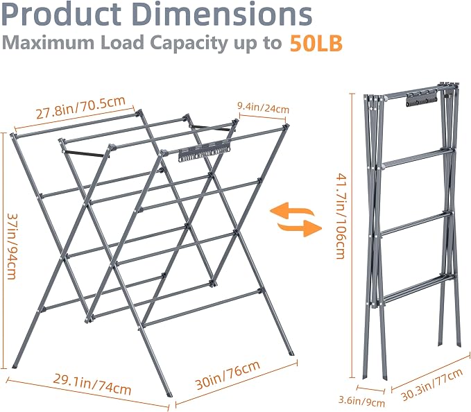 HOMIDEC Drying Rack Clothing,Large 12 Drying Poles with Sock Clips Clothes Drying Rack,Foldable Portable Laundry Drying Rack for Air Drying Clothing,Towels,Delicate Eac,Indoor Outdoor Use.Silver