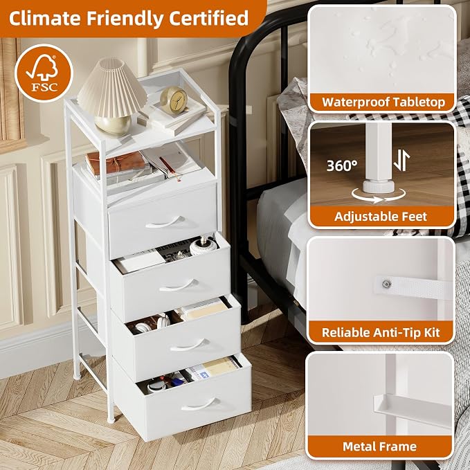 Somdot White Nightstand with 4 Drawers, Vertical Storage Tower Fabric Dresser for Bedroom, Bedside Table Furniture, Sturdy Steel Frame, Wooden Top & Easy Pull Fabric Bins