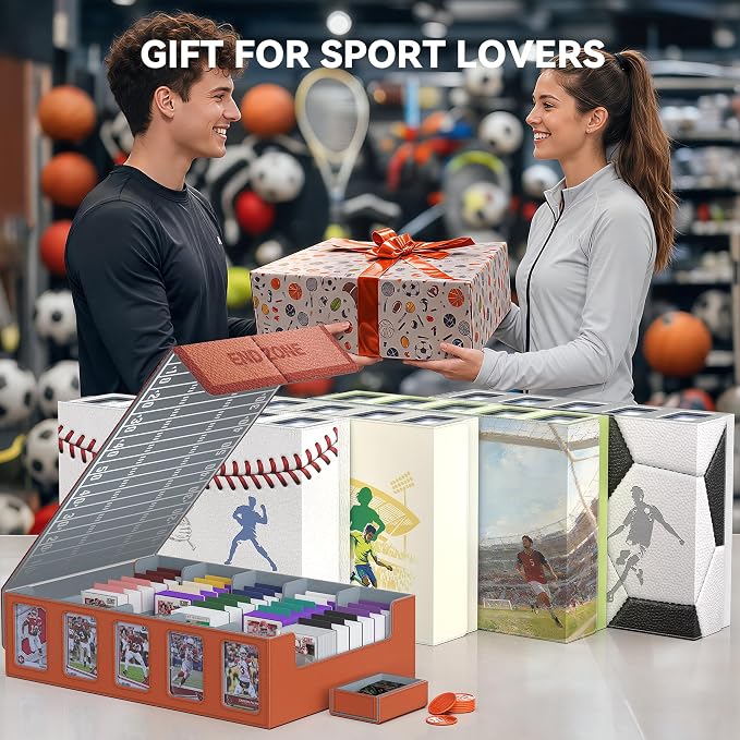 Kabinka Football Card Storage Box with Window Display, 5-Row Sport Card Storage Box, 3900+ Card Deck Box for Football Sports Card TCG, 5 Top Loaders, 5 Stoppers, 48 Dividers, 1 Dice Tray(Football 1)