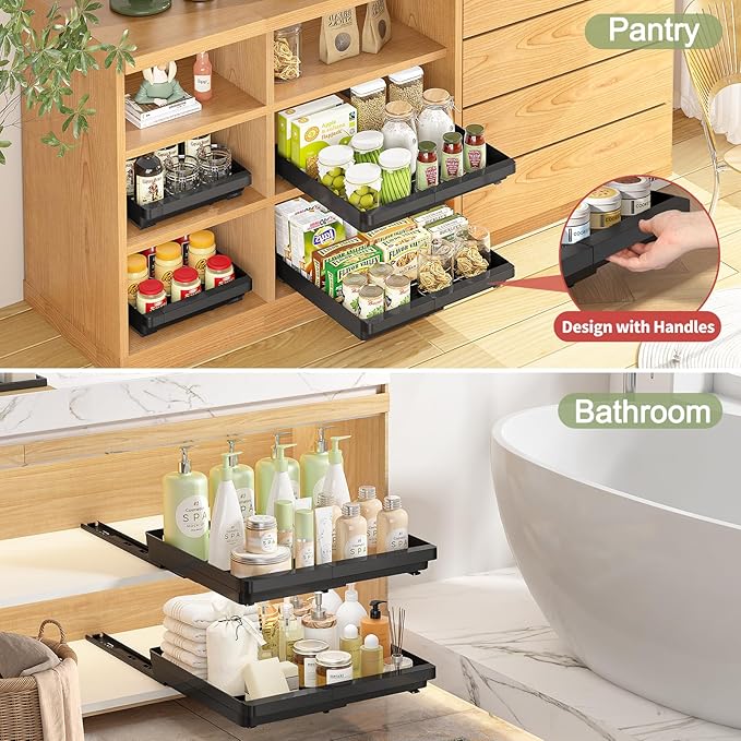 2 Pack Pull Out Cabinet Organizers Expandable (11.6''-17.5''), Plastic Slide Out Drawers for Kitchen, Bathroom, Pantry, Under Sink Storage, Pull Out Drawers Fixed with Adhesive Nano Film (Black)