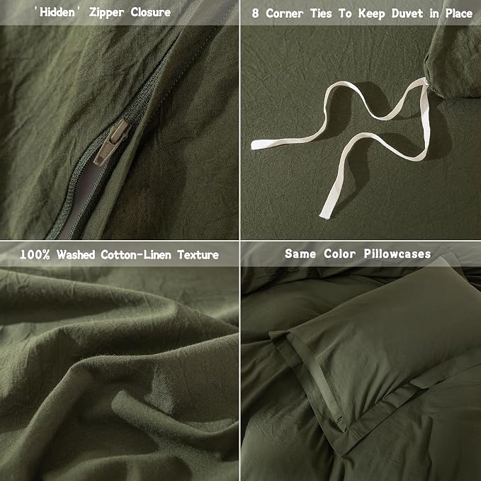 Linen Feel Duvet Cover Super King Plus Size 120inch x 120inch,100% Washed Cotton Duvet Cover with Zipper Closure and 2 Pillowcases, Color of Olive Green