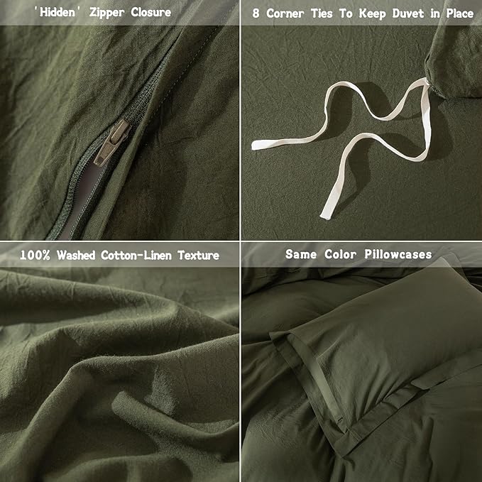 Linen Feel Duvet Cover Super King Size 108inch x 98inch,100% Washed Cotton Duvet Cover with Zipper Closure and 2 Pillowcases, Color of Olive Green
