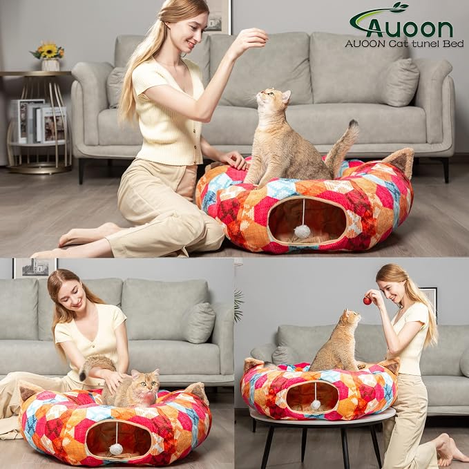 AUOON Cat Donut Tunnel with Bed for Kitten Puppy Rabbit Ferret, Orange | 2-in-1 Interactive Cat Toy, with Hanging Ball Toy, Machine Washable Center Pad, 36"L x 36"W x 10.7"H