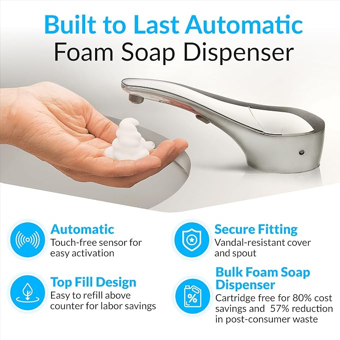 Bobrick B-8281 Automatic Foam Soap Dispenser, Top-FillTouch-Free Soap Spout 34-fl oz. (1.0-L) Foam Soap Capacity, For Public Restroom Countertops, Retrofit 1” Mounting Diameter, Chrome Finish