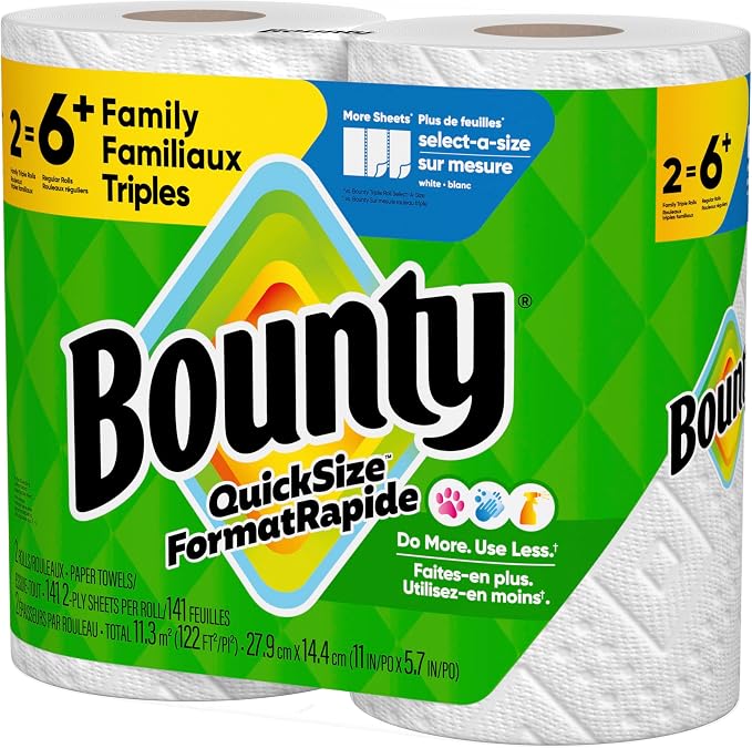 Bounty Paper Towels Quick Size, White, 6 Family Triple Rolls = 20+ Regular Rolls