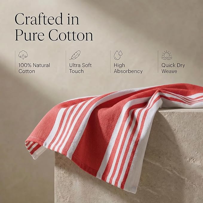 Urban Villa Kitchen Towels 100% Cotton Dish Towels for Kitchen (Set of 6) 20”x30” Dish Cloths Highly Absorbent Kitchen Linen Set with Hanging Loop Perfect for Drying Dishes Cleaning Towels-Red White
