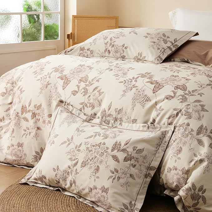 Duvet Cover Set King Size Floral Pattern 600 Thread Count Ultra Soft 100% Long Staple Cotton Duvet Cover Sets 3-PC, Breathable Duvet Cover with Zipper Closure & Corner Ties