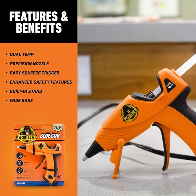 Gorilla Mini Hot Glue Gun Kit (Pack of 1 Mini Hot Glue Gun and 75 Sticks) - Dual Temp, Precision Nozzle, and Easy Squeeze Trigger