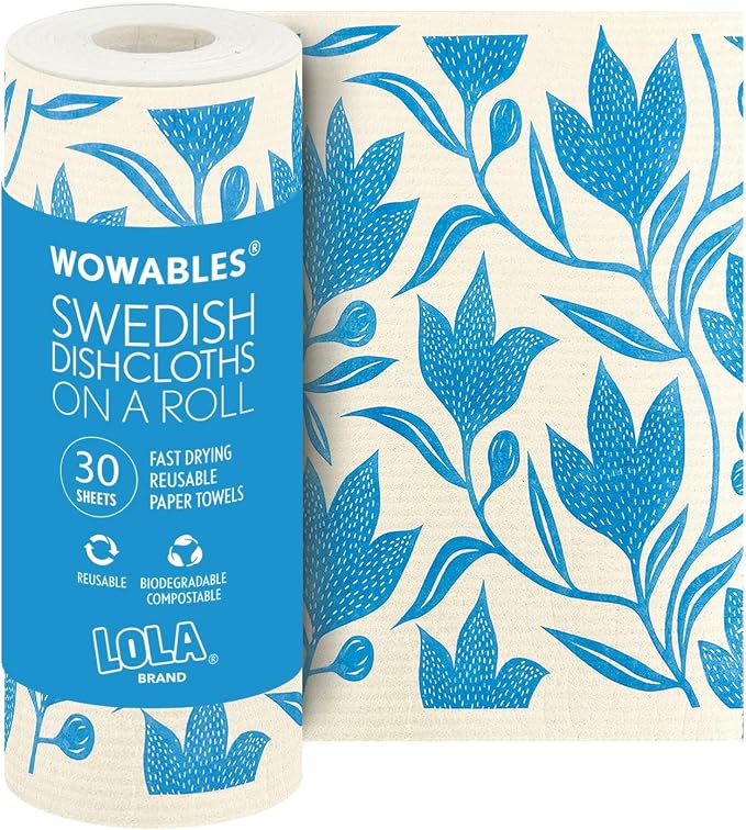 LOLA Swedish Dishcloths XL on a Roll, 30 Sheets, Floral Pattern, Perforated Tear-Off 11" x 10" Sheets w/Hook, Reusable Absorbent Unpaper Towels Cellulose Sponge Cloth Biodegradable Made in Germany