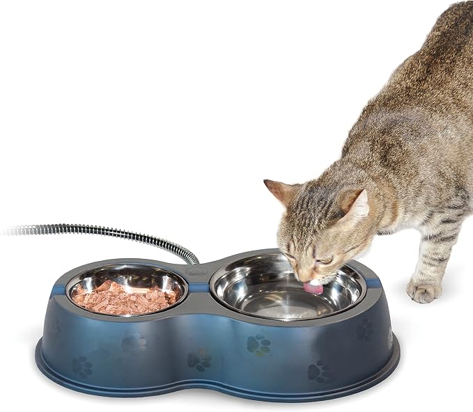 K&H Pet Products Outdoor Heated Cat Food & Water Bowls for Outside Pets, Thermo-Kitty Café Feral Cat Feeding Station, No Frozen Water or Food, Washable Bowls, Safety Listed - 12oz/24oz Stainless