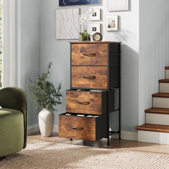 WLIVE Small Dresser Nightstand for Bedroom, 4 Drawers, Rustic Brown | 4 vertical fabric drawers, Space-saving tower, Bedroom or closet use, Chest of drawers, Dresser for small spaces