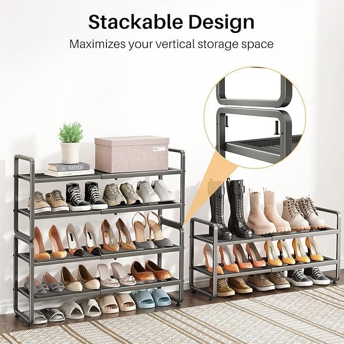 SNTD Shoe Rack - Expandable Shoe Organizer for Closet, Adjustable Metal Shoe Shelf Storage, Stackable Long Shoe Stand Holder for Garage, Entryway, Door Entrance (Grey, 2-Tier)