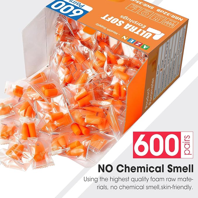 AZEN 600 Pairs Ear Plugs, NRR 32dB Soft Foam Ear Plugs for Sleeping Noise Cancelling, Earplugs for Concerts Shooting Swimming Noise Reduction,Individually Wrapped (Orange)