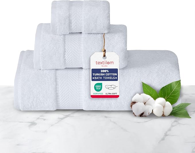 TEXTILOM 100% Turkish Cotton 3 Pcs Bath Towel Set, Luxury Bath Towels for Bathroom, Soft & Absorbent Bathroom Towels Set (1 Bathtowel, 1 Hand Towel, 1 Washcloth)- White