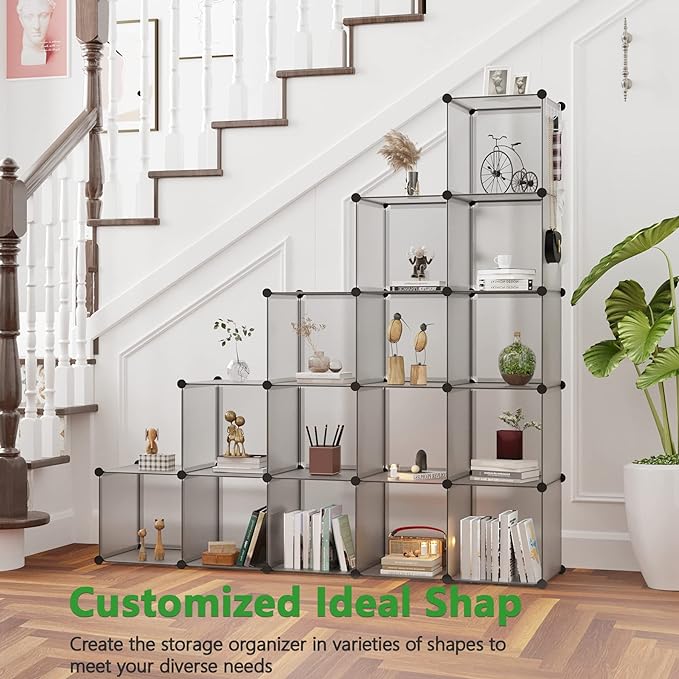 C&AHOME 16 Cube Storage Organizer Cube Shelves Units Storage Cubes, Grey | Plastic DIY Closet Organizer, Stackble Modular Closet Storage Shelves Ideal for Home, Bedroom, 48.4" L × 12.4" W × 48.4" H