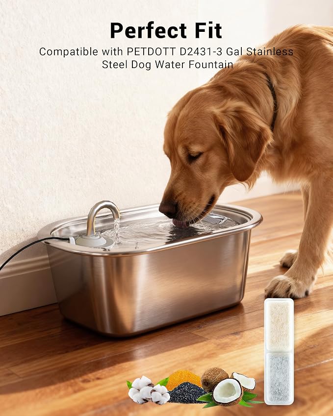 Replacement Filters for PETDOTT Dog Fountain, Water Filter, for Stainless Steel Pet Fountain for Large Dogs- Vertical Filtration for D2431 Lasts Two Months