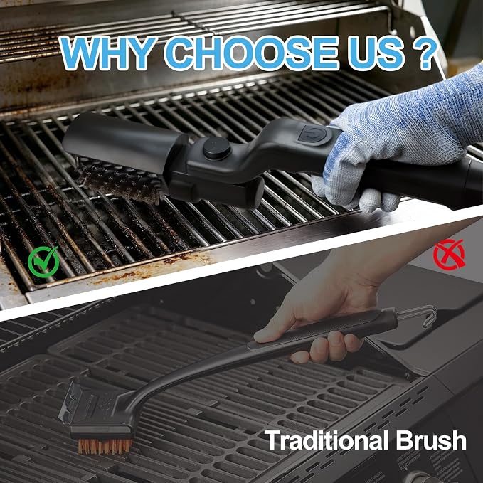 Electric Grill Brush, High Torque Grill Brush with Rechargeable 3-Speed Modes, 180° Adjustable Stainless Steel Replaceable Brush Head, Fit for Outdoor Camping and Barbecuing