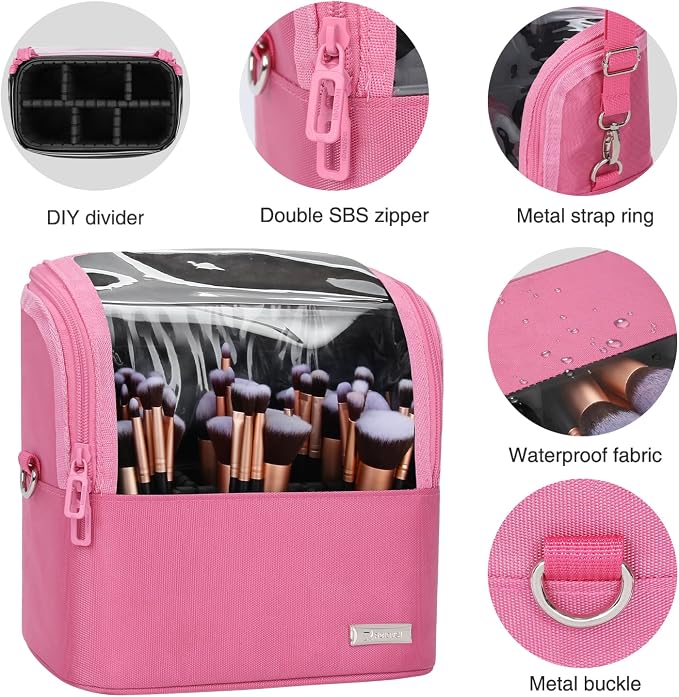 TANTO Makeup Brush Case Stand-up Makeup Cup Makeup Brush Holder Travel Professional Cosmetic Bag Artist Storage Bag Large Makeup Bag with Adjustable Divide (Rose Pink, 1-Large)
