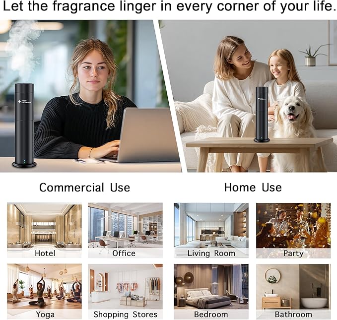 Hotel Waterless Scent Diffuser with 6 Fragrance Oils Covers up to 700 Sq Ft | Cold air scent diffuser with APP control, 6 fragrance oils, open bottle design, quiet operation, and 700 sq ft coverage.