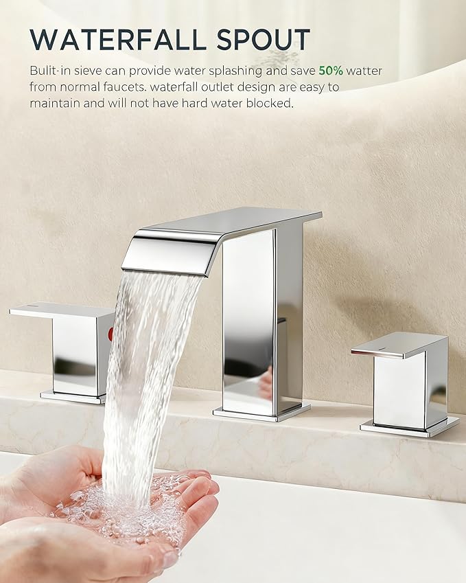 FORIOUS Bathroom Faucet 3 Hole Chrome, 8 Inch Widespread Bathroom Sink Faucet Waterfall Spout, with Pop Up Drain and Water Supply, Suitable for Vanity Rv Commercial Lavatory Restroom