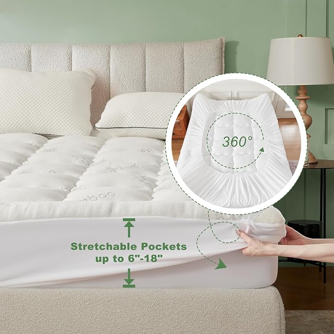 BEDLORE California King Mattress Topper Viscose Derived from Bamboo, Thick Pillow Top Mattress Pad with Stretchable Pockets for 6-18 inches Mattress, Soft Mattress Topper for Back Pain Relief