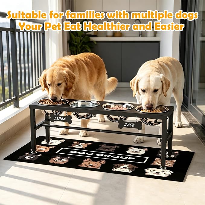 4-Bowl Elevated Dog Bowl Stand – 4 Adjustable Heights with 58oz/1700ml Stainless Steel Bowls & Splash Pad for Medium & Large Breeds, Multi-Pet Households