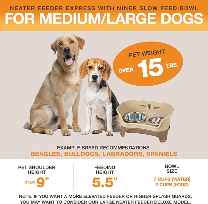 Neater Feeder Express Mess Proof Dog Bowls Elevated for Medium and Large Breed – Made in USA – No Spill Raised Slow Feeder Elevated Dog Bowl Stand, Slow Feed Food and Water Bowl Set, Cappuccino