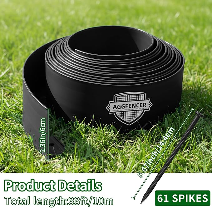 AggFencer Landscape Edging 2.36in Garden Edging Borders No Dig 33ft | Flexible Landscaping Edging Kit for Flower Bed Lawn Yard Grass Gray with 61 Pcs Spikes
